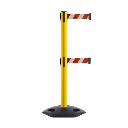 Stanchion Dual Belt Barr. Rubber Base Yellow Post 9ft.Rd/Wh Belt